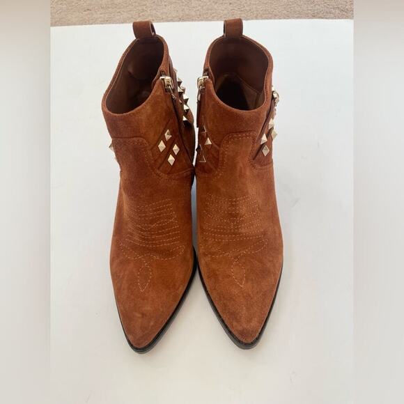 Valentino Garavani Tan Suede Rockstud Double Buckle 50mm Cowboy Ankle Boots EU38 - Picture 2 of 15